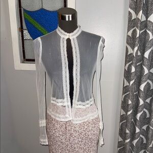 Vintage Whimsical Coquette Mesh & Lace Open Front Blouse